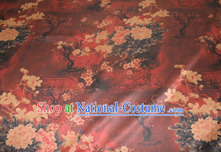 Chinese Classical Plum Peony Pattern Silk Drapery Traditional Gambiered Guangdong Gauze Cheongsam Red Satin Fabric