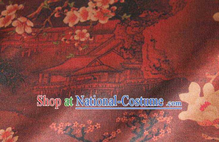 Chinese Classical Plum Peony Pattern Silk Drapery Traditional Gambiered Guangdong Gauze Cheongsam Red Satin Fabric