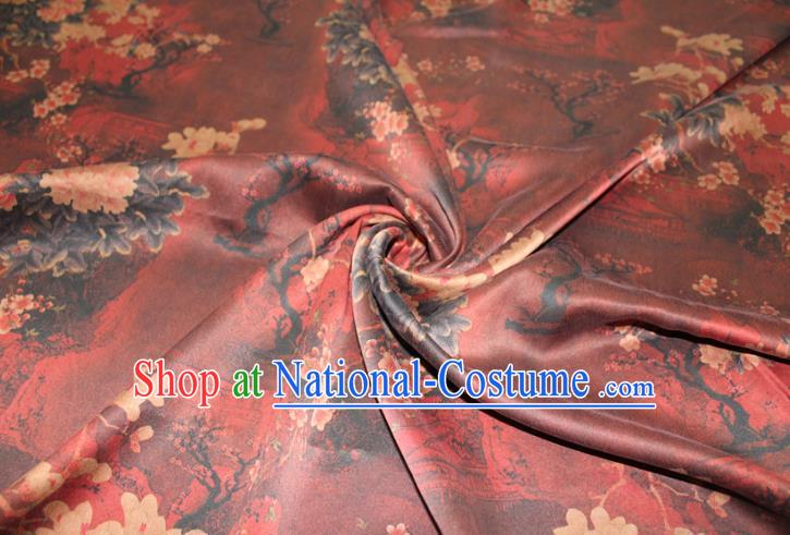 Chinese Classical Plum Peony Pattern Silk Drapery Traditional Gambiered Guangdong Gauze Cheongsam Red Satin Fabric