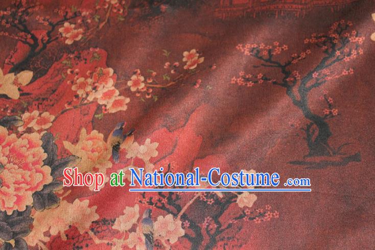 Chinese Classical Plum Peony Pattern Silk Drapery Traditional Gambiered Guangdong Gauze Cheongsam Red Satin Fabric