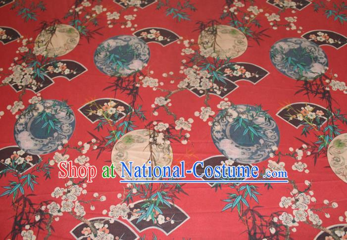 Chinese Cheongsam Red Satin Fabric Traditional Ginger Gambiered Guangdong Gauze Classical Plum Bamboo Fan Pattern Silk Drapery