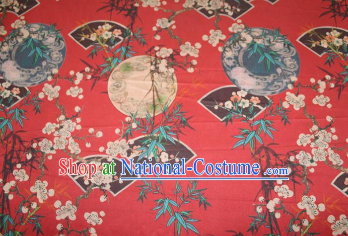 Chinese Cheongsam Red Satin Fabric Traditional Ginger Gambiered Guangdong Gauze Classical Plum Bamboo Fan Pattern Silk Drapery