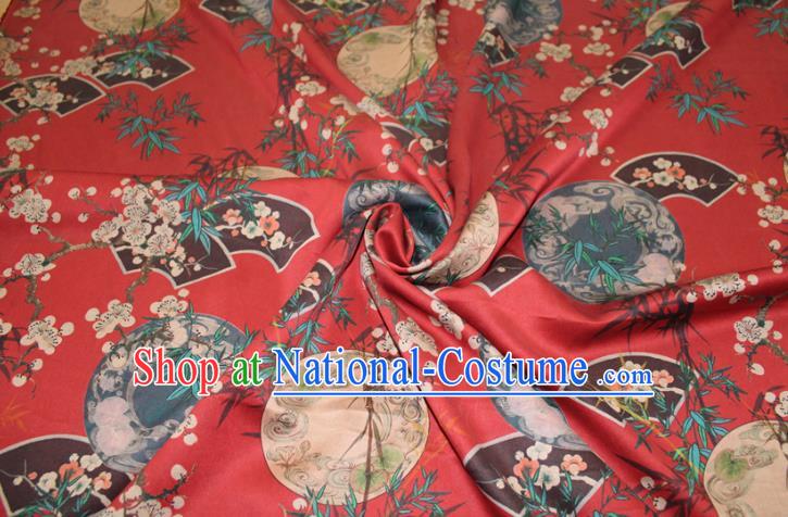 Chinese Cheongsam Red Satin Fabric Traditional Ginger Gambiered Guangdong Gauze Classical Plum Bamboo Fan Pattern Silk Drapery