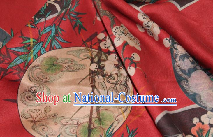 Chinese Cheongsam Red Satin Fabric Traditional Ginger Gambiered Guangdong Gauze Classical Plum Bamboo Fan Pattern Silk Drapery