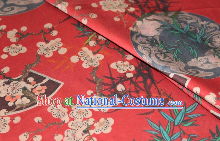 Chinese Cheongsam Red Satin Fabric Traditional Ginger Gambiered Guangdong Gauze Classical Plum Bamboo Fan Pattern Silk Drapery