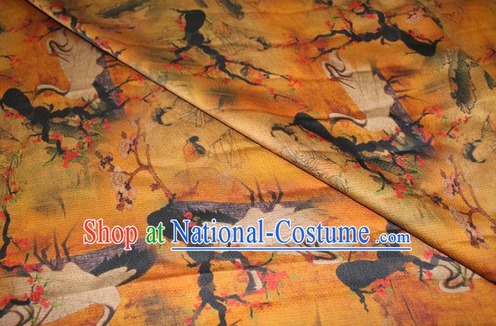 Chinese Cheongsam Yellow Satin Fabric Traditional Ginger Gambiered Guangdong Gauze Classical Crane Plum Beauty Pattern Silk Drapery