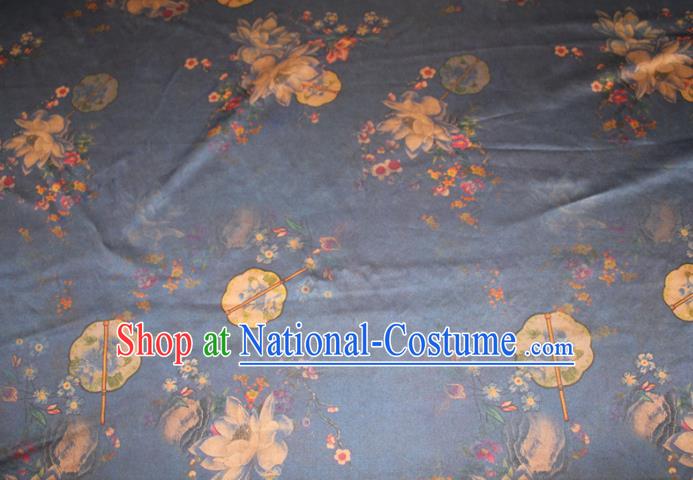 Chinese Cheongsam Navy Gambiered Guangdong Gauze Classical Lotus Fan Pattern Silk Drapery Traditional Fabric