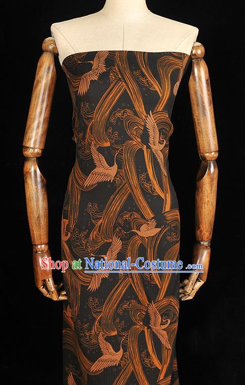 Chinese Classical Double Cranes Pattern Gambiered Guangdong Gauze Cheongsam Silk Fabric Traditional Black Silk Drapery