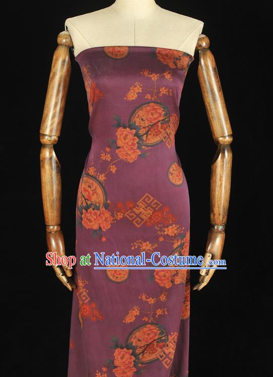 Chinese Purple Gambiered Guangdong Gauze Classical Plum Peony Pattern Silk Fabric Traditional Cheongsam Cloth