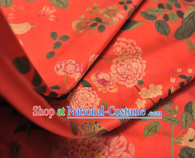 Chinese Traditional Red Gambiered Guangdong Gauze Cheongsam Classical Spring Flowers Pattern Silk Fabric Satin Cloth