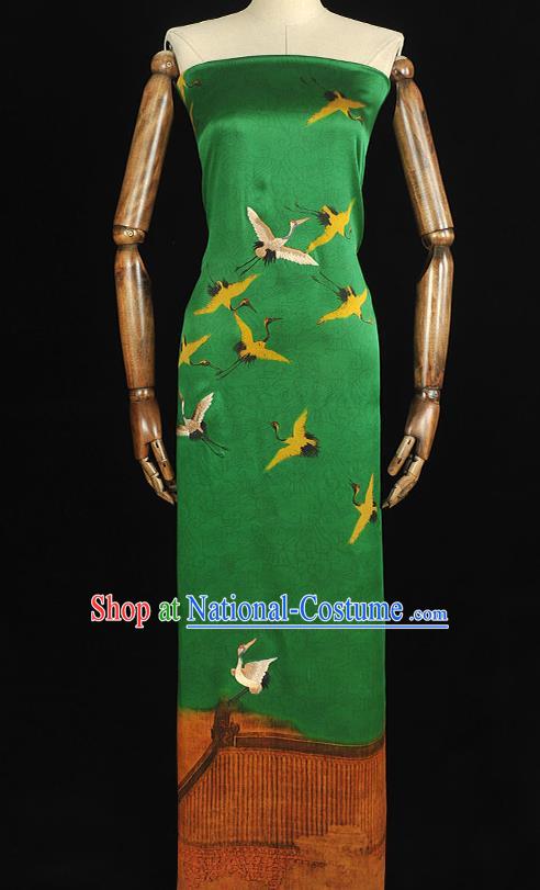 China Traditional Embroidered Cranes Pattern Silk Fabric Classical Cheongsam Green Satin Cloth