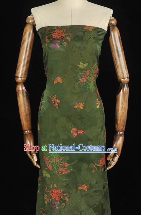 Chinese Traditional Jacquard Silk Fabric Cheongsam Gambiered Guangdong Gauze Classical Butterfly Orchids Pattern Deep Green Satin Cloth