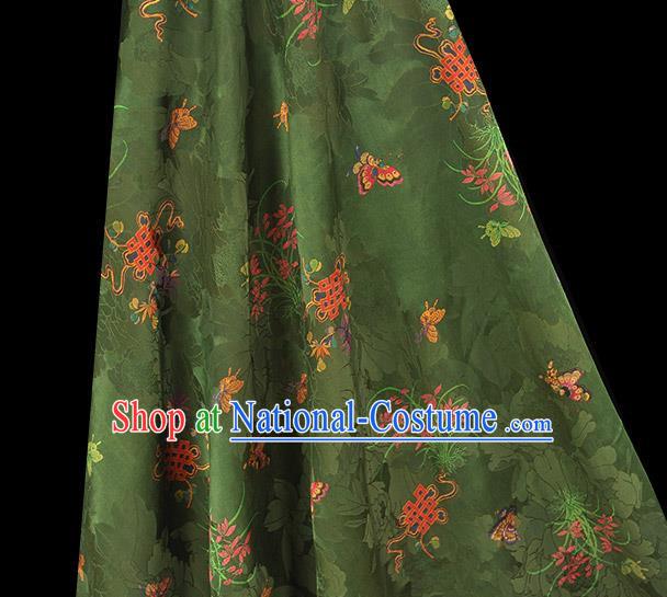 Chinese Traditional Jacquard Silk Fabric Cheongsam Gambiered Guangdong Gauze Classical Butterfly Orchids Pattern Deep Green Satin Cloth