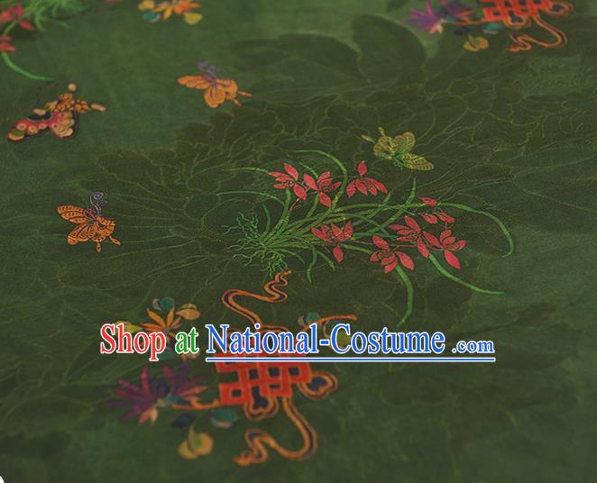 Chinese Traditional Jacquard Silk Fabric Cheongsam Gambiered Guangdong Gauze Classical Butterfly Orchids Pattern Deep Green Satin Cloth