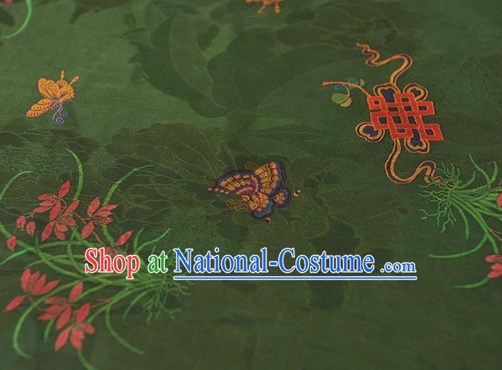 Chinese Traditional Jacquard Silk Fabric Cheongsam Gambiered Guangdong Gauze Classical Butterfly Orchids Pattern Deep Green Satin Cloth