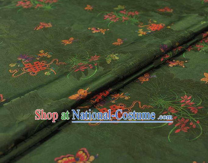 Chinese Traditional Jacquard Silk Fabric Cheongsam Gambiered Guangdong Gauze Classical Butterfly Orchids Pattern Deep Green Satin Cloth