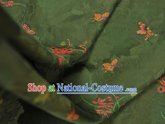 Chinese Traditional Jacquard Silk Fabric Cheongsam Gambiered Guangdong Gauze Classical Butterfly Orchids Pattern Deep Green Satin Cloth