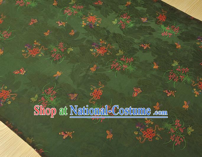 Chinese Traditional Jacquard Silk Fabric Cheongsam Gambiered Guangdong Gauze Classical Butterfly Orchids Pattern Deep Green Satin Cloth