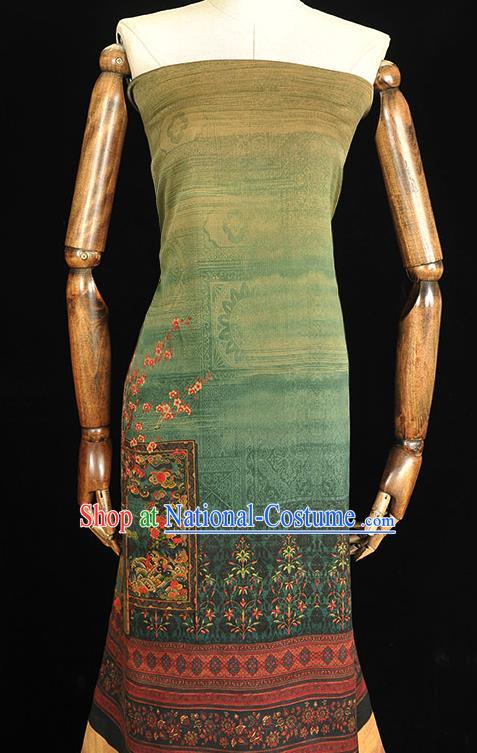 China Traditional Plum Blossom Pattern Green Silk Fabric Classical Cheongsam Gambiered Guangdong Gauze Cloth