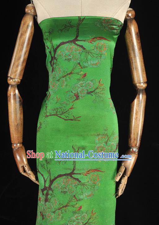 Chinese Classical Plum Blossom Pattern Silk Fabric Cheongsam Gambiered Guangdong Gauze Traditional Green Cloth Material