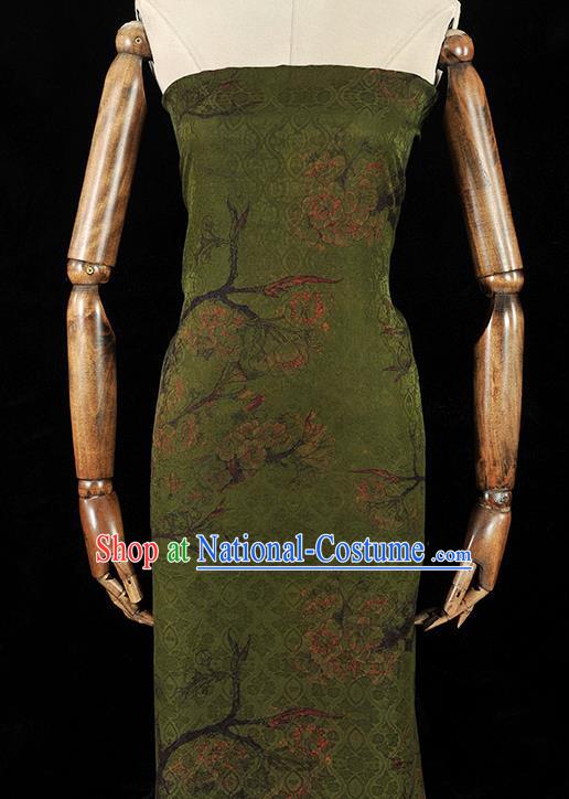 Chinese Traditional Deep Green Silk Fabric Cheongsam Cloth Material Classical Peach Blossom Pattern Gambiered Guangdong Gauze