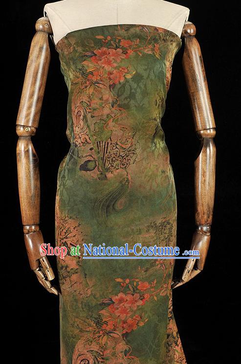 Chinese Traditional Cheongsam Cloth Material Classical Peach Blossom Pattern Gambiered Guangdong Gauze Deep Green Silk Fabric