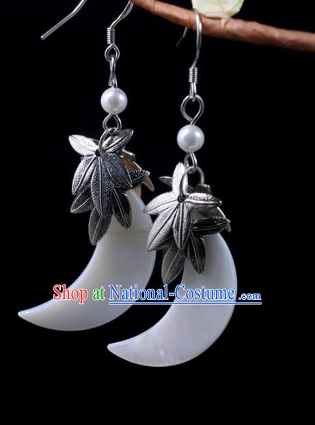 Handmade Traditional Shell Moon Ear Accessories Chinese National Silver Maple Leaf Earrings