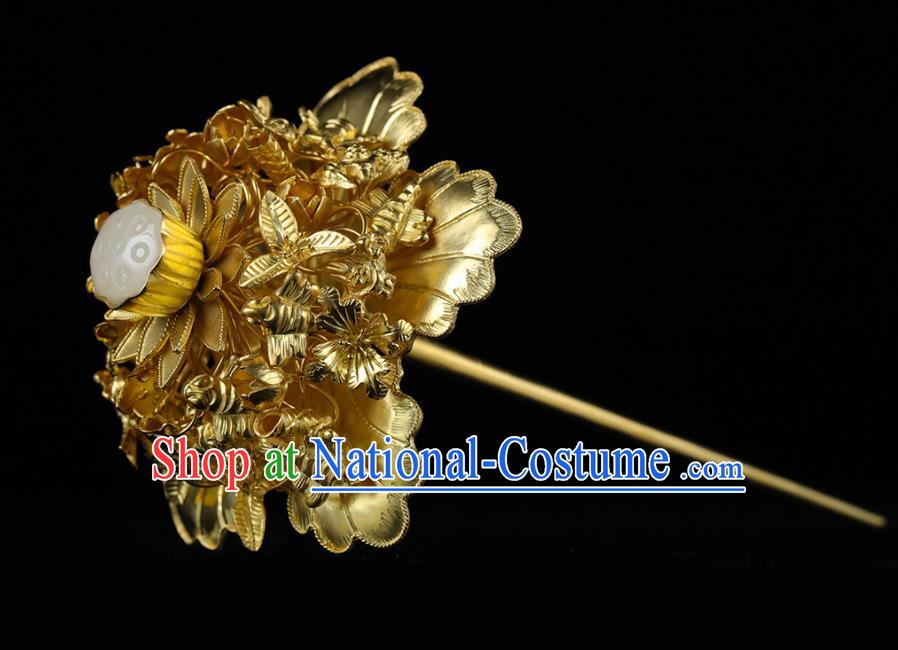 China Traditional Jade Lotus Seedpod Hair Accessories Handmade Ancient Empress Hairpin Ming Dynasty Golden Peony Hair Stick for Women