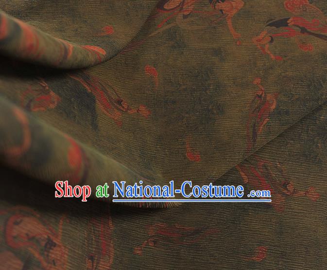 Top Grade Cheongsam Gambiered Guangdong Gauze Fabric Dark Green Crepe Chinese Traditional Flying Apsaras Pattern Silk Drapery