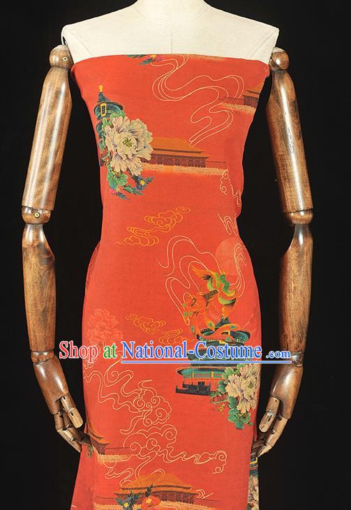 Top Grade Silk Fabric Chinese Cheongsam Red Gambiered Guangdong Gauze Traditional Heaven Temple Pattern Silk Drapery