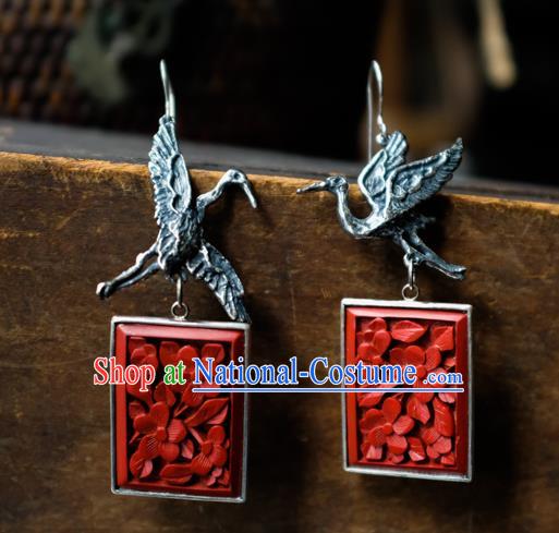 China Traditional Vermilion Seal Jewelry Handmade Silver Carving Crane Ear Accessories National Earrings