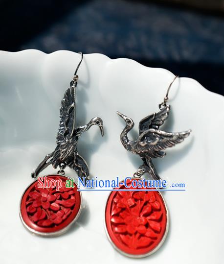 China Handmade Carved Lacquerware Ear Accessories National Earrings Traditional Silver Crane Jewelry