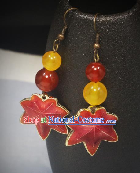 Handmade Chinese Traditional Earrings Red Maple Leaf Ear Accessories