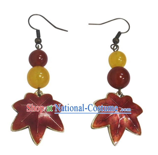 Handmade Chinese Traditional Earrings Red Maple Leaf Ear Accessories