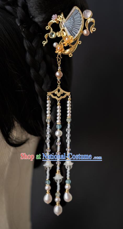 China Traditional Ming Dynasty Princess Pearls Tassel Hairpin Hanfu Step Shake Ancient Court Crystal Fan Hair Accessories