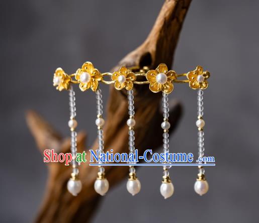 China Ancient Court Lady Tassel Hair Stick Peach Blossom Hairpin Traditional Ming Dynasty Hanfu Pearls Hair Accessories