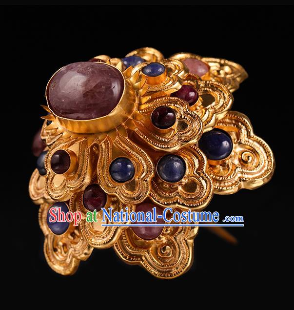 China Handmade Golden Hair Accessories Ancient Empress Gems Hairpin Traditional Ming Dynasty Golden Hair Crown