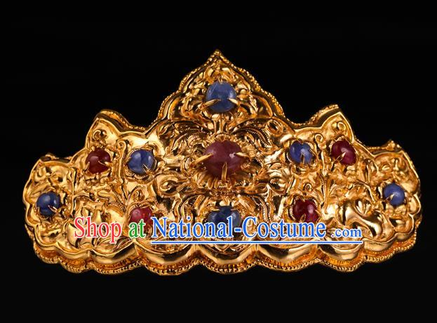 China Traditional Ming Dynasty Hair Crown Handmade Golden Hair Accessories Ancient Empress Gems Hairpin