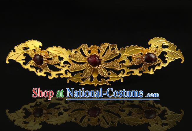 China Traditional Ming Dynasty Golden Lotus Hair Crown Handmade Hair Accessories Ancient Queen Filigree Hairpin