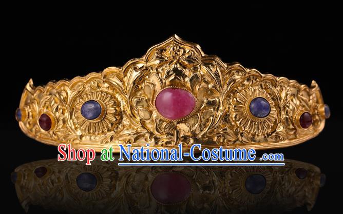 China Traditional Ming Dynasty Golden Hairpin Handmade Hair Accessories Ancient Empress Gems Lotus Hair Crown