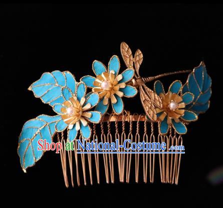 China Ancient Noble Woman Hairpin Handmade Hair Accessories Traditional Ming Dynasty Blue Dragonfly Lotus Hair Comb