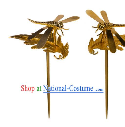 China Traditional Ming Dynasty Golden Dragonfly Hairpin Handmade Hair Accessories Ancient Princess Hair Stick