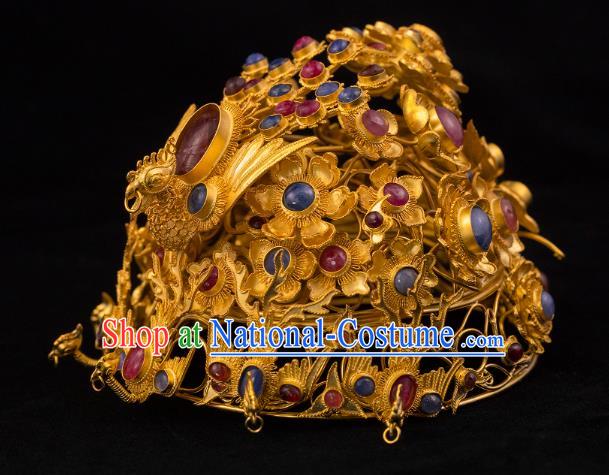 China Traditional Ming Dynasty Golden Phoenix Coronet Handmade Hair Accessories Ancient Empress Gems Hair Crown