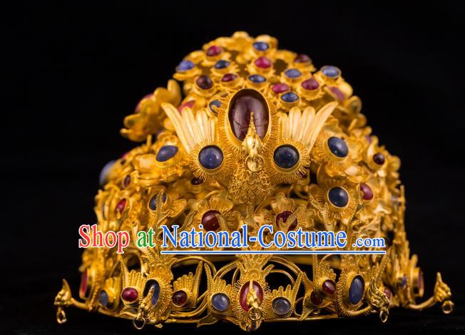 China Traditional Ming Dynasty Golden Phoenix Coronet Handmade Hair Accessories Ancient Empress Gems Hair Crown