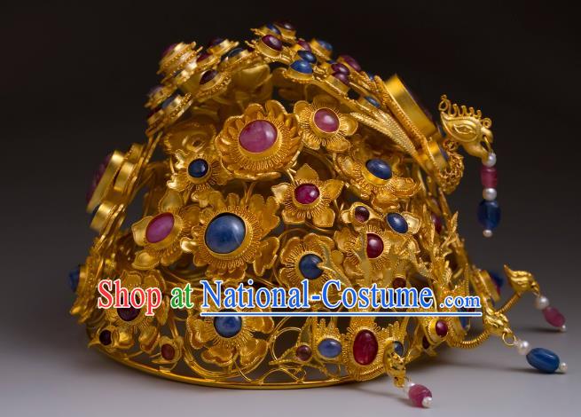 China Traditional Ming Dynasty Golden Phoenix Coronet Handmade Hair Accessories Ancient Empress Gems Hair Crown