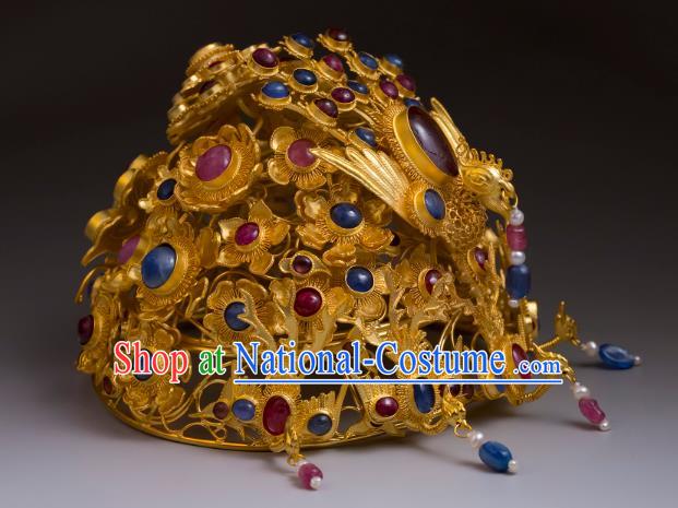 China Traditional Ming Dynasty Golden Phoenix Coronet Handmade Hair Accessories Ancient Empress Gems Hair Crown