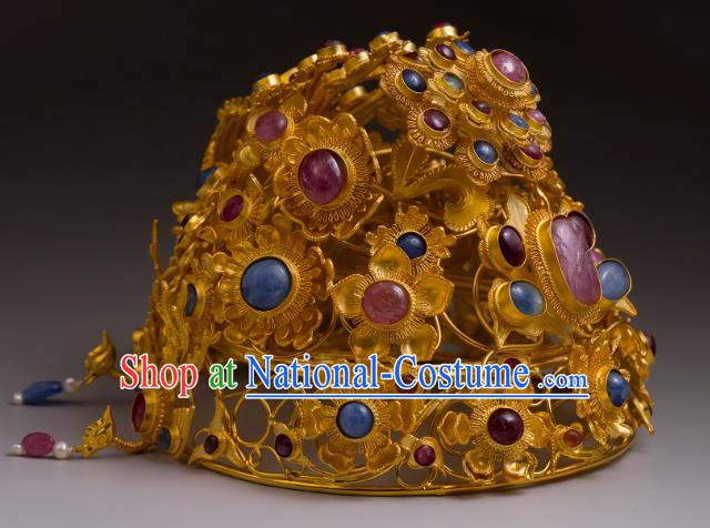 China Traditional Ming Dynasty Golden Phoenix Coronet Handmade Hair Accessories Ancient Empress Gems Hair Crown