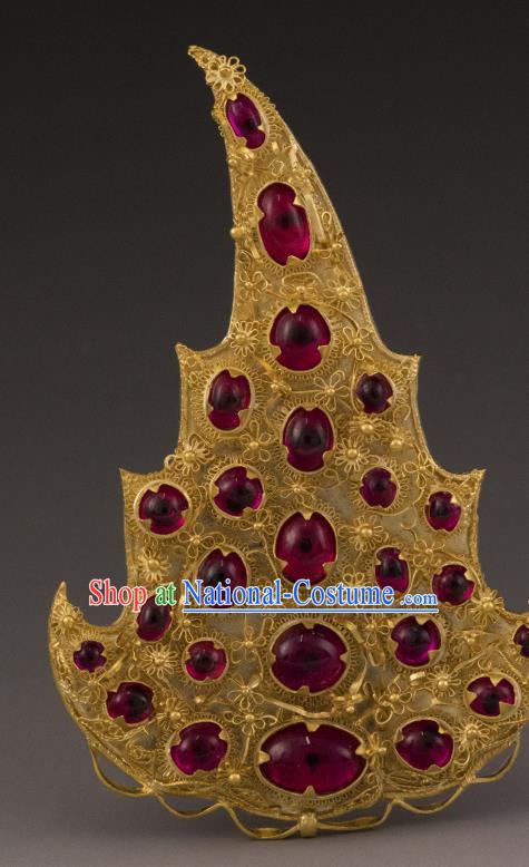 China Ancient Empress Gems Golden Hairpin Handmade Hair Accessories Traditional Ming Dynasty Ruby Hair Crown