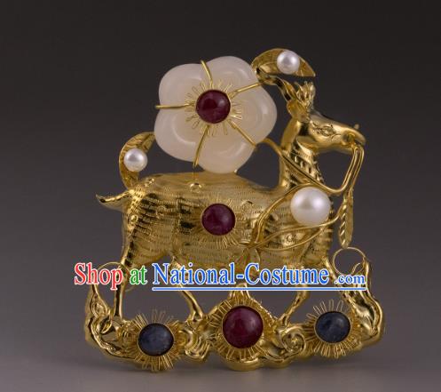 China Ancient Empress Golden Deer Hairpin Handmade Hair Accessories Traditional Ming Dynasty Palace Jade Plum Hair Crown