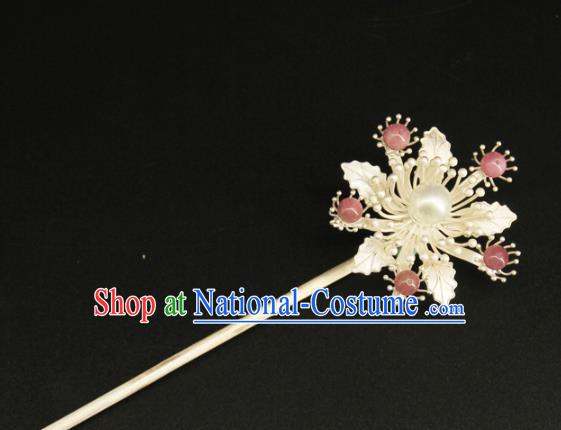 China Ancient Princess Hair Stick Handmade Hair Accessories Traditional Ming Dynasty Argent Flower Hairpin